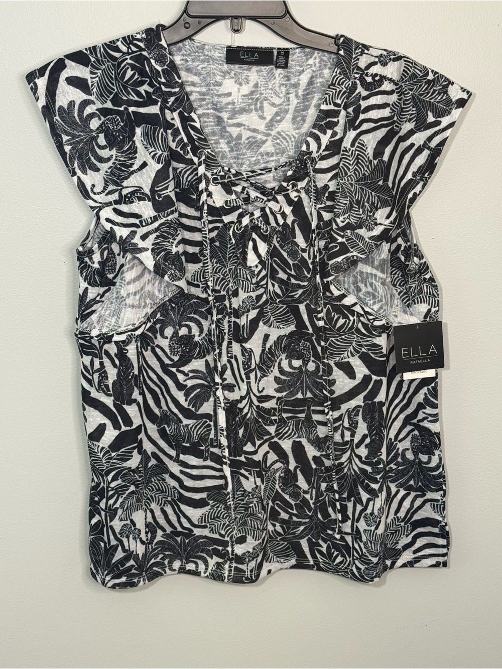 Ella Black & White Lace-Up Tropical Print Ruffle Sleeve Top